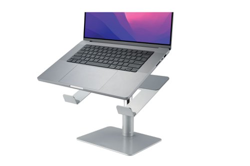 The Kensington universal desktop laptop riser is made from steel and aluminium and features a large solid base for sturdiness, stability and storage. The laptop riser enables the laptop screen to be viewed at the correct height to reduce neck strain, and the storage area created underneath enables a tidy and organised desk environment.