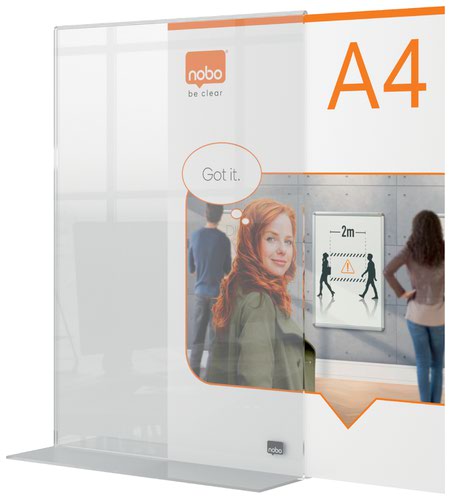 This free-standing, clear, A4 acrylic poster frame with a modern, frameless design has a stylish and contemporary feel. The seamless, acrylic double- sided display frame has an integrated countertop stand and side opening, for quick and simple content change. Featuring a strong acrylic surface for protection of signs, documents or information which can be easily wiped clean. Ideal for the display of temporary or permanent signs with a display area of two A4 documents (back to back).