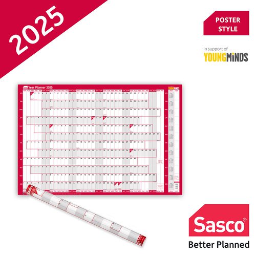 Sasco 2025 Compact Year Wall Planner 610W x 405mmH Landscape With Wet Wipe Pen & Sticker Pack Unmounted - 2410244  49678AC