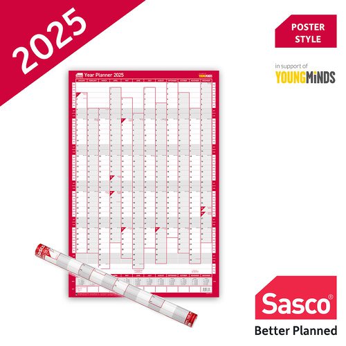 Sasco 2025 Compact Year Wall Planner 610W x 405mmH Portrait With Wet Wipe Pen & Sticker Pack Unmounted - 2410245  49685AC