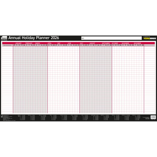 Sasco 2026 Annual Holiday Yr Wall Planner, wet wipe pen & sticker pack, Black & Red, Poster Style - Outer carton of 10