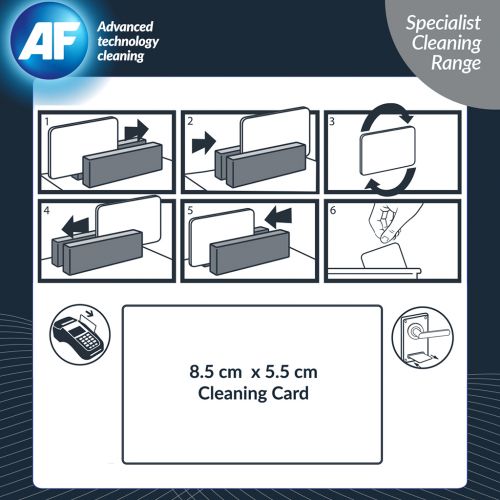 Card reader maintenance has never been easier. AF Cardclene is a pack of 20 cards impregnated with IPA solution for cleaning chip and pin terminals regularly to improve the sustainability of the equipment. Removes daily build up of grease and dust easily. Breakdown costs can be costly so cleaning maintenance is crucial.