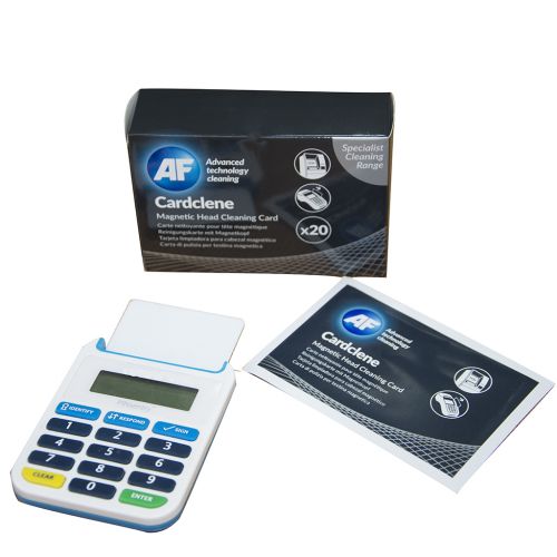 Card reader maintenance has never been easier. AF Cardclene is a pack of 20 cards impregnated with IPA solution for cleaning chip and pin terminals regularly to improve the sustainability of the equipment. Removes daily build up of grease and dust easily. Breakdown costs can be costly so cleaning maintenance is crucial.