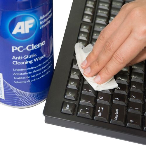 A general purpose tub of impregnated, anti-static cleaning wipes can be used on all glass and plastic surfaces of pc and office equipment. Compatible with office and home working environments. Convenient re sealable tub locks in the freshness of the wipes for future use. For best results use alongside AF Safetiss to polish surface after cleaning.