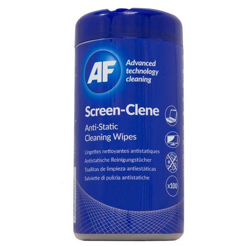 A tub of screen cleaning wipes impregnated with a gentle 'non smear' alcohol free solution. Supplied in a convenient, re sealable tub to lock in freshness. Also available in a box of 100 individual sachets for all of your touch screen devices.AF International always recommends that you check manufacturers guide before using any screen cleaner or test a small area first.