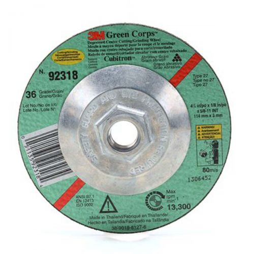 3M Green Corps Cutting/Grinding Wheel, 4-1/2 in x 1/8 in x 5/8-11 Internal 36, 10 per inner 40 per case 051135923184
