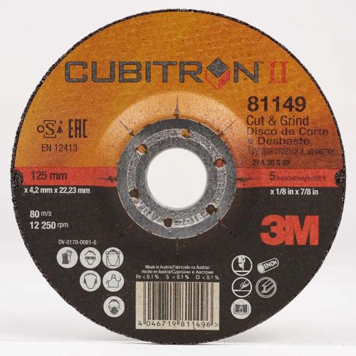 3M Cubitron II Cut and Grind Wheel T27 Quick Change 28763, 5 in x 1/8 in x 5/8-11 in, 10 per inner, 20 per case 051141287638