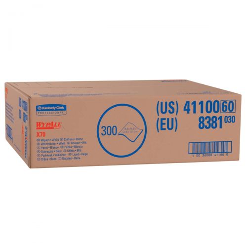 WypAll* X70 Extended Use Reusable Wipers (41100), Flat Sheet Box, Long Lasting Performance, White, 1 Box, 300 Sheets 41100