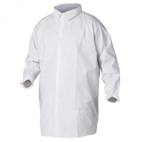 Kleenguard A40 Liquid Particle Protection Lab Coats, 5-Snap Closure, Knee Length, Elastic Wrists, White, Large, 30 / Case 44444