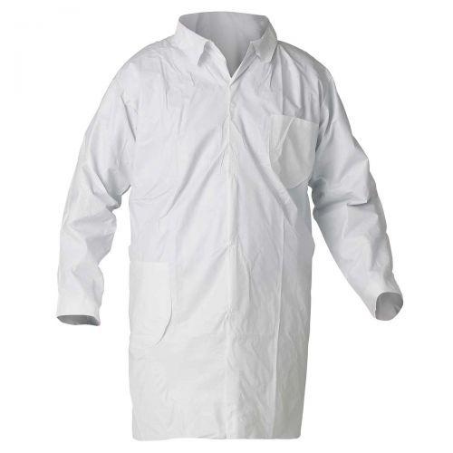 Kleenguard A40 Liquid Particle Protection Lab Coats, 4-Snap Closure, Knee Length, Open Wrists, White, Medium, 30 / Case 44452