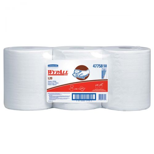 WypAll* L20 Limited Use Wipers (47758), Center-Pull Rolls, White, 2-Ply, 3 Rolls, 550 Wipes / Roll 47758