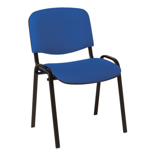 4 leg upholstered stacking side chair with black frame. Blue fabric.