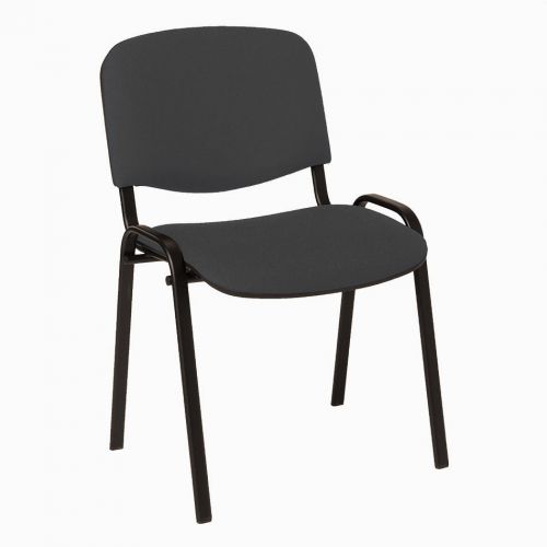 4 leg upholstered stacking side chair with black frame. Charcoal fabric.