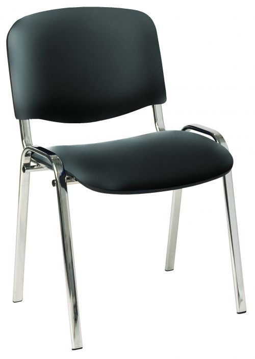 4 leg upholstered stacking side chair with chrome frame. Black vinyl