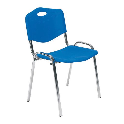 4 leg polypropylene stacking side chair with chrome frame. Blue