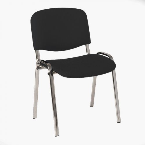 4 leg upholstered stacking side chair with chrome frame. Charcoal fabric.