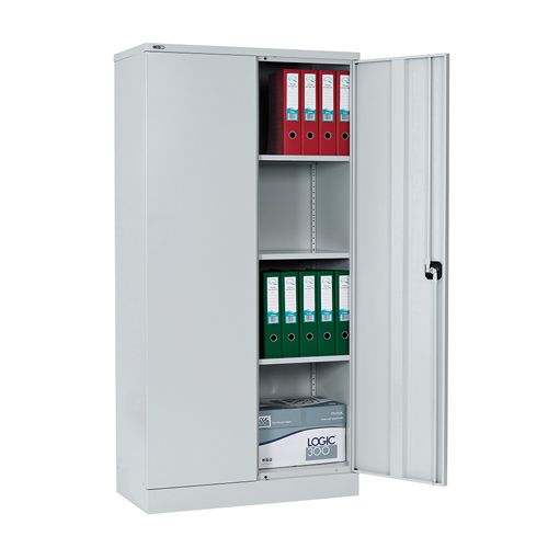 2 door cupboard c/w 3 standard shelves, 1829h x 914w x 457d. Grey