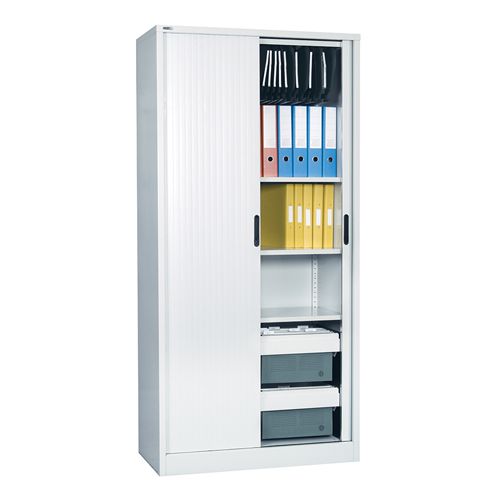 Side opening tambour, supplied EMPTY, 1981h x 1000w x 486d. Grey