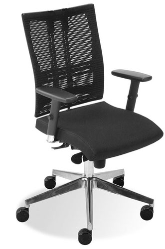 High back swivel chair with mesh backrest, height adjustable arms, synchronised mechanism, sliding seat and lumbar support on a spider base. Black mes