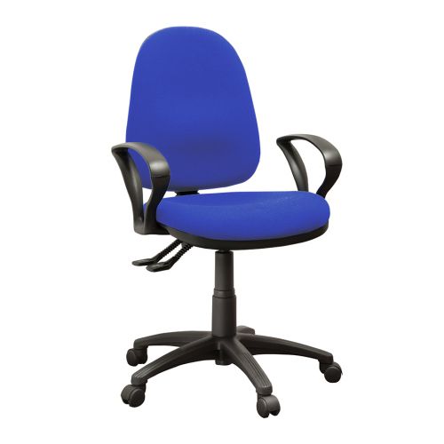 High back operator chair with arms and 2 levers. Cobalt blue fabric