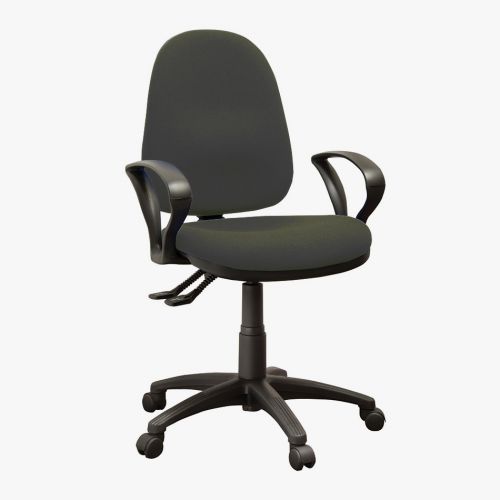 High back operator chair with arms and 2 levers. Charcoal fabric