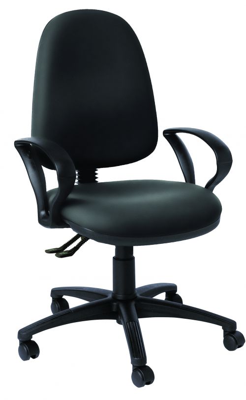 High back operator chair with arms and 2 levers. Black vinyl