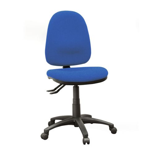 High back operator chair without arms and 2 levers. Cobalt blue fabric