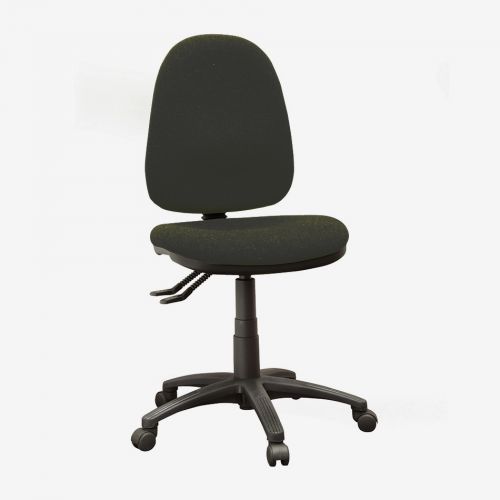 High back operator chair without arms and 2 levers. Charcoal fabric