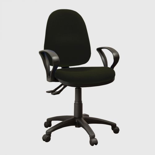 High back operator chair with arms and 2 levers. Black fabric