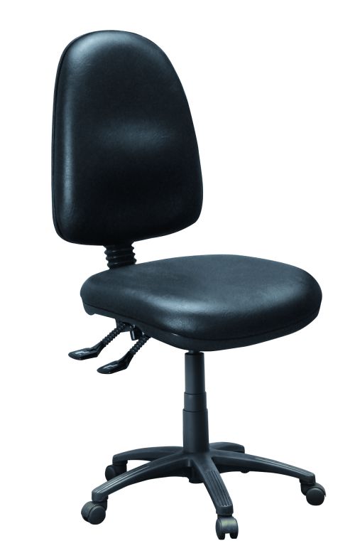 High back operator chair without arms and 2 levers. Black vinyl