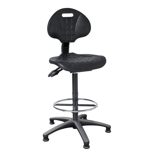 Medium back draughtsman chair without arms, polyurethane with a fixed footring, on glides. Black