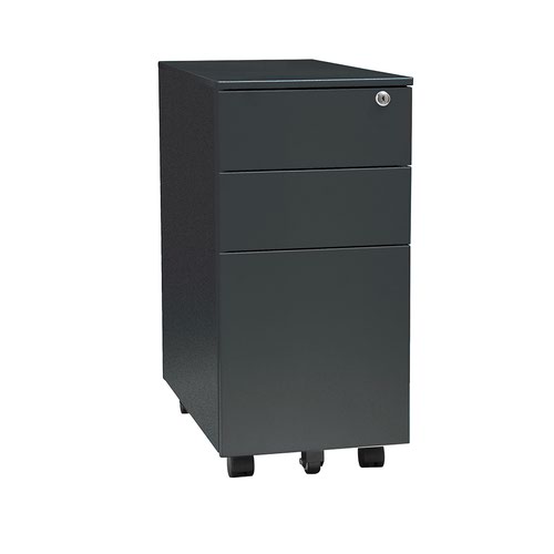 3 drawer mobile slimline steel pedestal. 300w x 500d x 600h. Black
