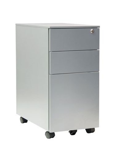 3 drawer mobile slimline steel pedestal. 300w x 500d x 600h. Silver.