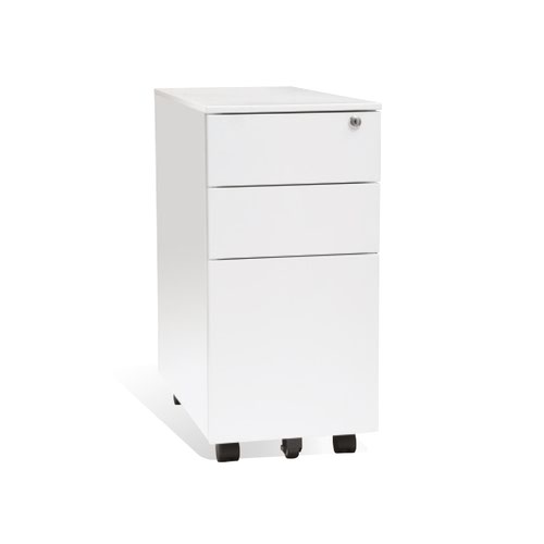 3 drawer mobile slimline steel pedestal. 300w x 500d x 600h. White