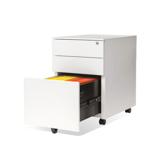3 drawer mobile steel pedestal. 390w x 500d x 600h. White.