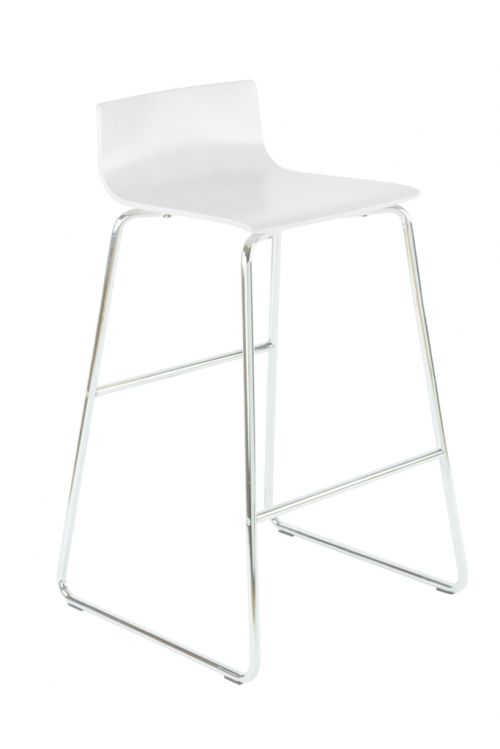 Bistro stool, sled leg frame in chrome and laminate melamine shell. White.