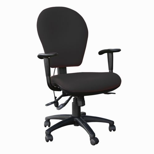 EDO high back posture task chair with height adjustable arms, synchronised mechanism, sliding seat and lumbar pump. Black fabric.