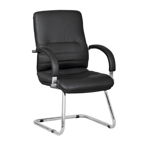 Medium back manager armchair, chrome cantilever frame and fixed padded arms. Black leather.