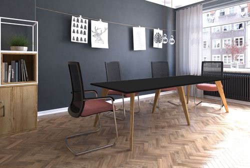 Maya Rectangular Boardroom Table, 3200W X 1200D X 740H, 25mm Black Wood Table Top, Solid Oak Leg, Black Underdesk Frame