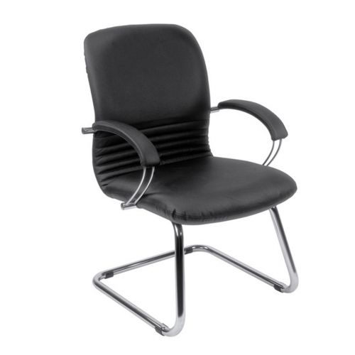Medium back manager armchair, chrome cantilever frame and fixed padded arms. Black leather