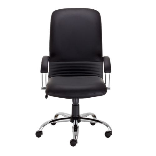 High back manager armchair, fixed padded arms and chrome 5 star base. Black leather.