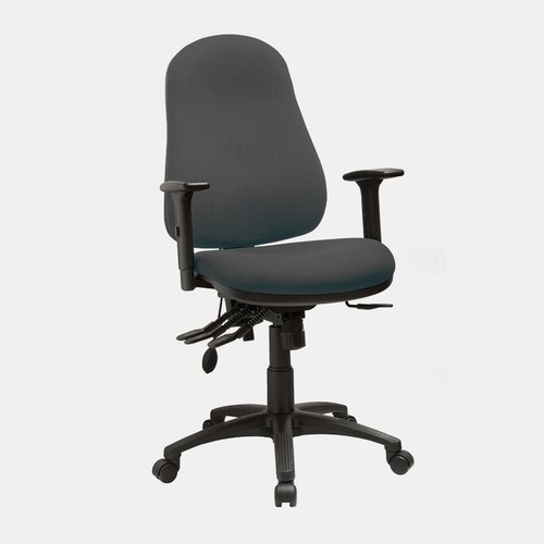 High back extra comfort task chair with height adjustable arms, extra foam, sliding seat and lumbar pump. Black fabric