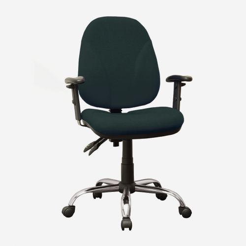 High back operator chair with height adjustable arms and on a chrome base. Black fabric.