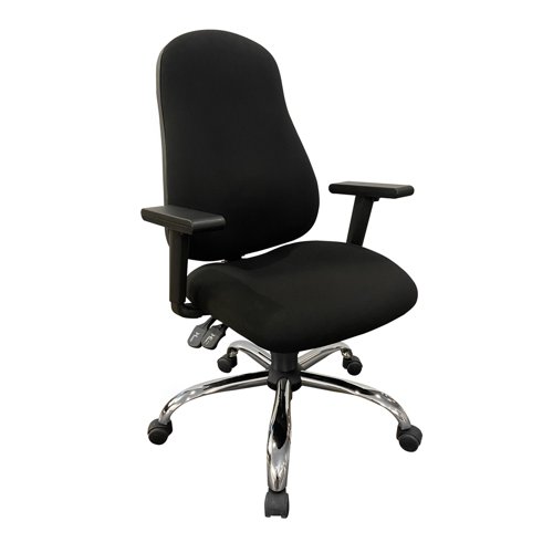 High back operator chair with height adjustable arms and on a chrome base. Charcoal fabric.