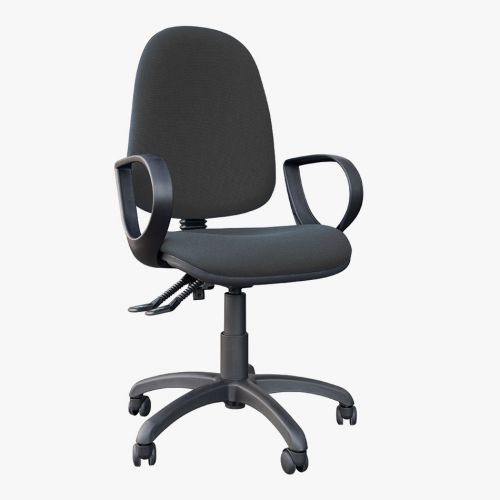 High back operator chair with fixed arms. Charcoal fabric