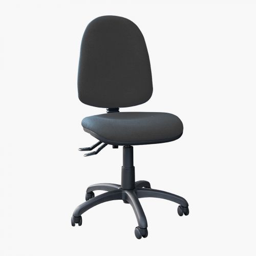 High back operator chair without arms. Charcoal fabric