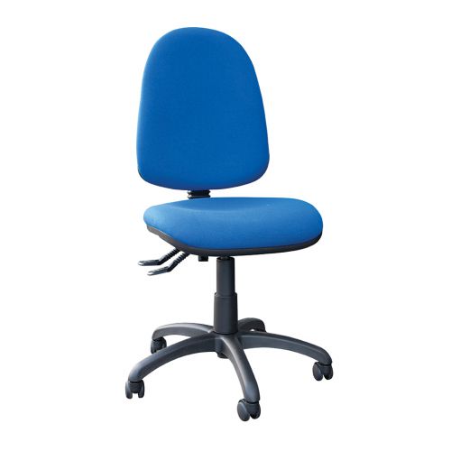 High back operator chair without arms. Cobalt blue fabric