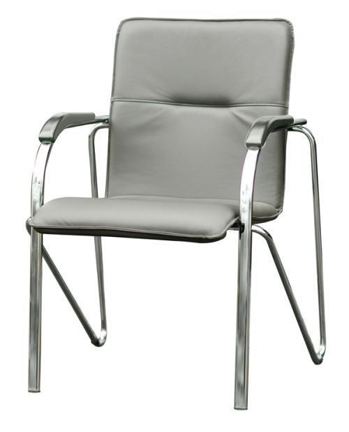 Armchair with grey wooden armrests and 4 legged chrome frame. Grey Valencia vinyl, Platin 4043