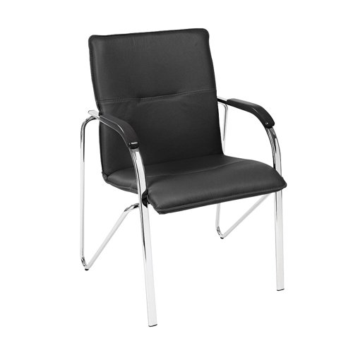 Armchair with black wooden armrests and 4 legged chrome frame. Black leather