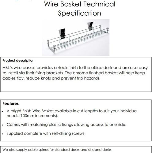 Wire cable basket 1000mm long c/w brackets. Chrome.